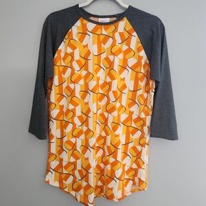 Lularoe Striped Orange and White Candy Corn Raglan 3/4 Gray Sleeve Shirt - Small